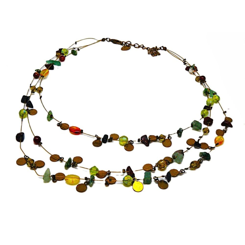 Vtg Multicolor 3 Strand Necklace w Gemstones Glass Beads & Metal Disks BOHO